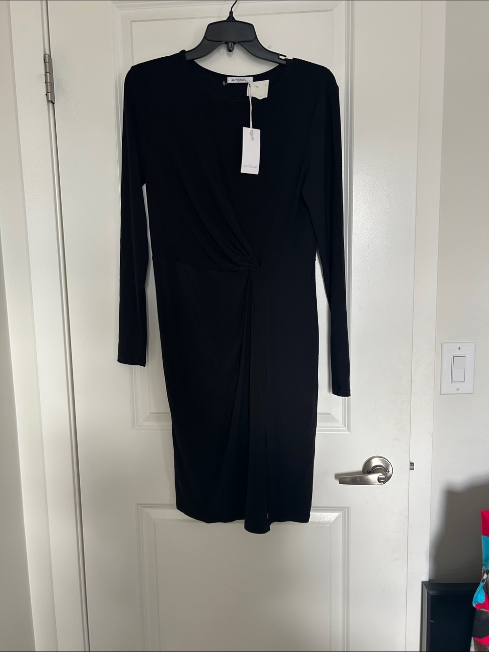 Black Twist-Front Long-Sleeve Sheath Dress